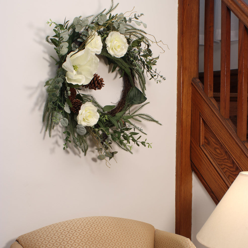 26 Inch Mixed Greens Wreath with White Flowers Rose Magnolia Pinecones | USA Decoration®