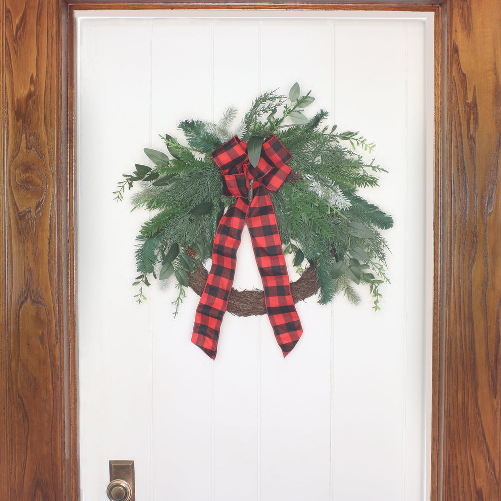 22 Inch Mixed Pine and Leafy Wreath with Black Red Plaid Bow | USA Decoration®
