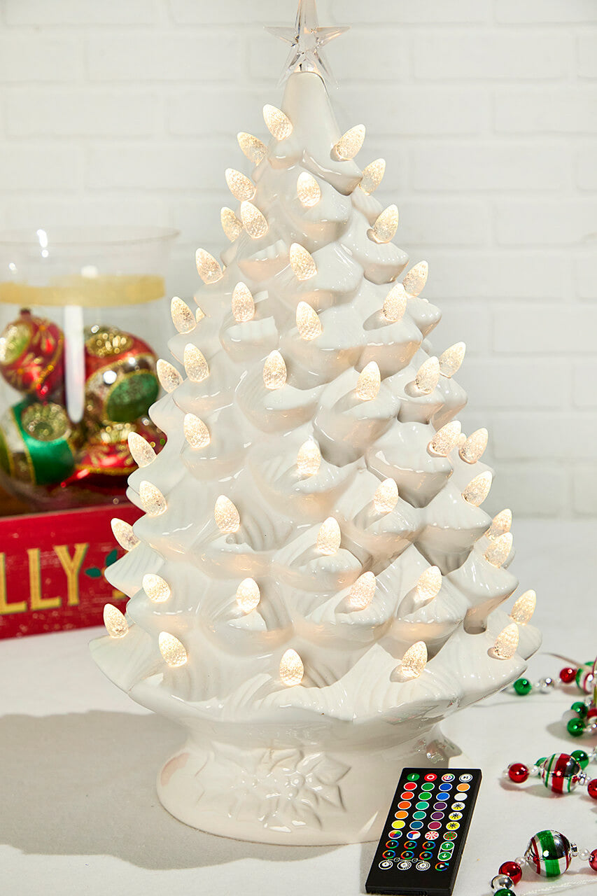 24" White Ceramic Nostalgic RGB Tree Classic Holiday Decor with Color-Changing Lights
