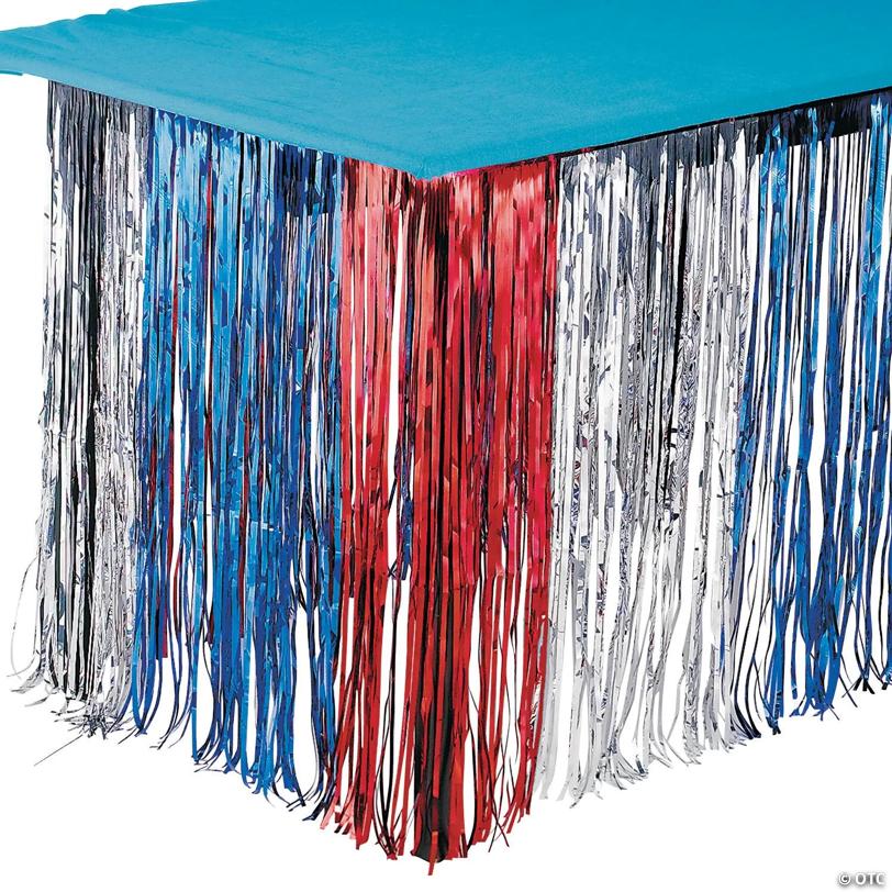 Red, Silver & Blue Metallic Fringe Plastic Table Skirt