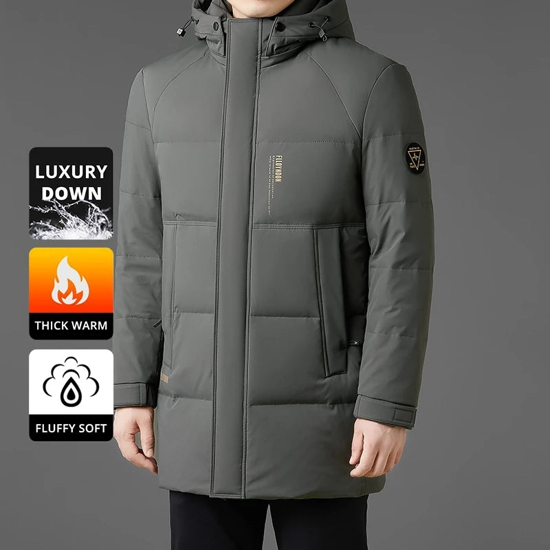 Down Coats Parkas Long Feather High End Long White Duck Down Casual Hooded Fashion Men Down Jacket Longline Winter Warm Designer Parkas Puffer Feather Coats