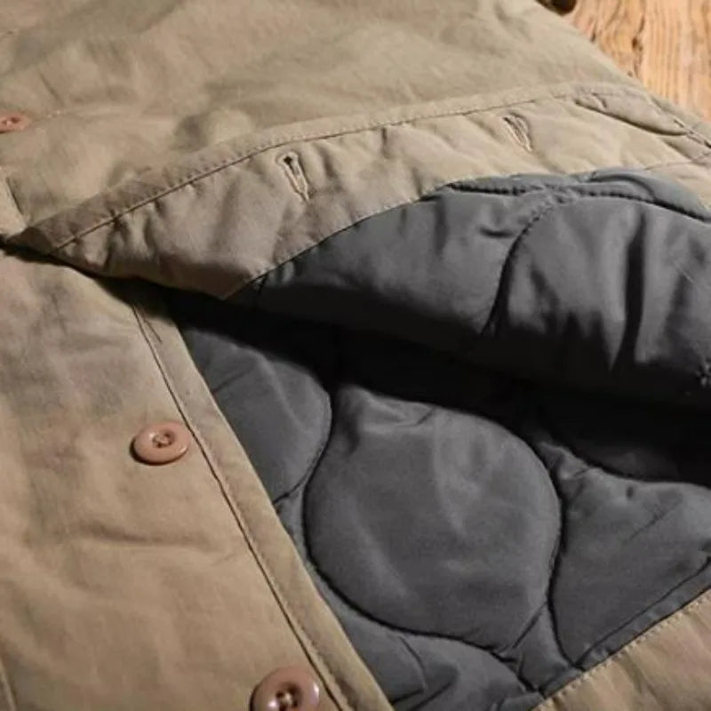 KIDWHXR Man Parkas Coat Autumn Winter Retro V-neck Single-breasted Male Jacket Outdoor Sport Long Sleeve Pocket Men Outerwear