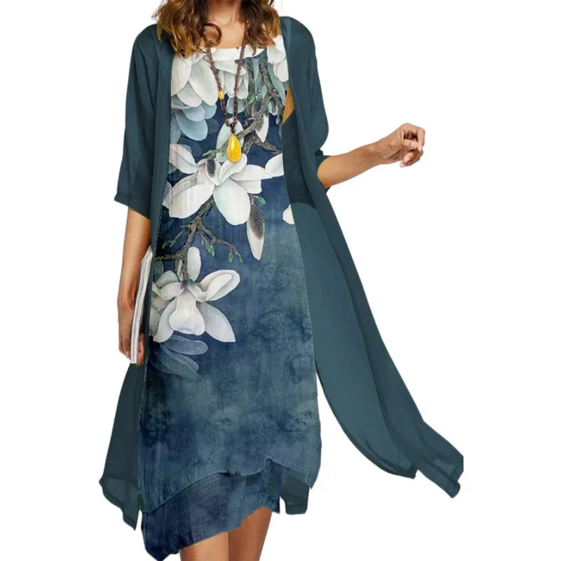 2025! EU-US Summer Women's Casual Elegance 2 Printed Crew-Neck Loose Dress Sweater Coat Set