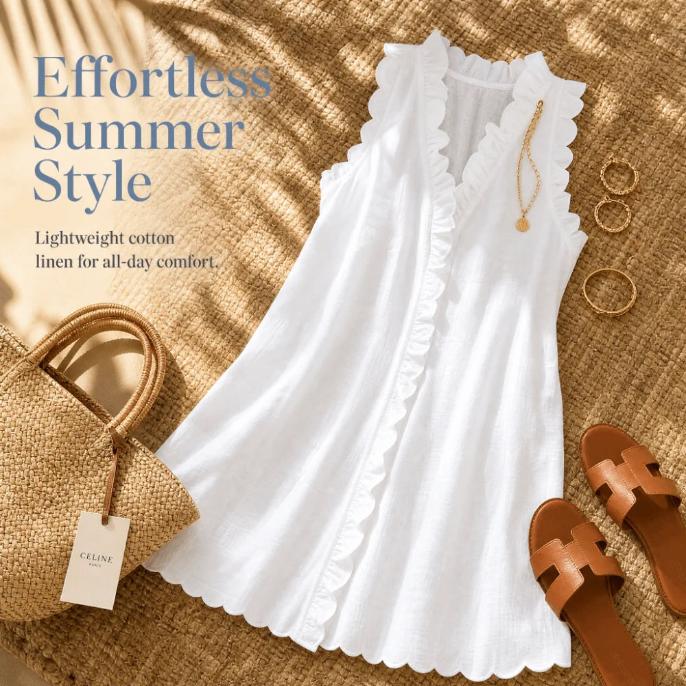 Breathable Cotton Linen Blend Mini Dress Sleeveless V Neck Casual Dress Ruffle Trim Scalloped Hem Summer Dress Brunch Dates