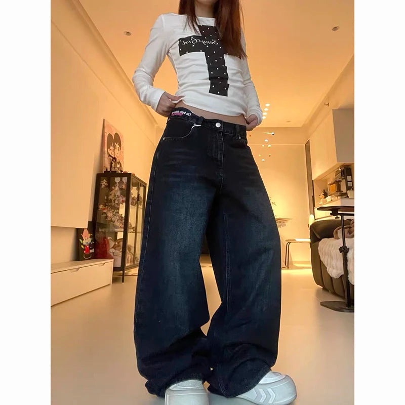 ZHIZOU Women Blue Gothic Y2k Oversize Jeans Harajuku Vintage Wide Leg Denim Trousers Aesthetic 2000s Style Boyfriend Jeans Pants