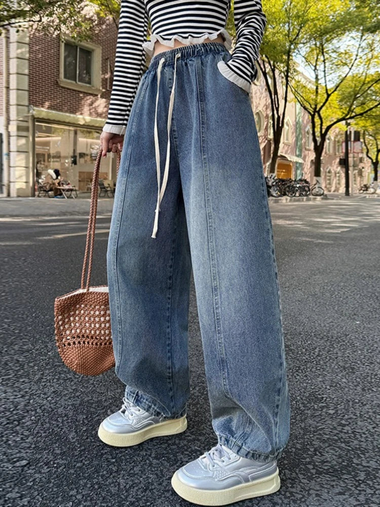 2026 Autumn Women's Jeans European Style High Waist Slimming Loose Straight Floor Length Harem Wide Leg Trousers Sickle Pants