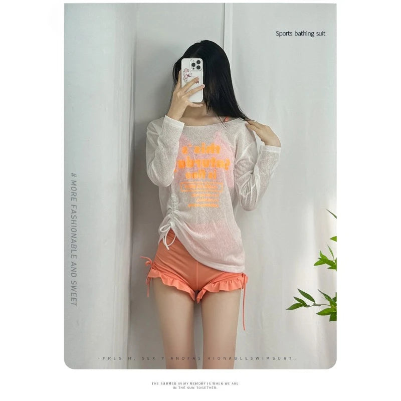 Women 3‑Piece Bikini Set High Waist Ruffle Shorts Swimwear Long Sleeve Sheer Cover Up Beach Bathing Suit for Pool Holiday Travel