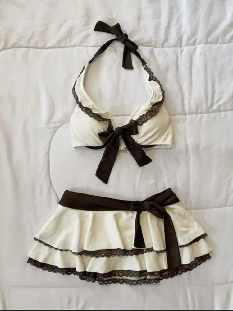 Summer Beige Lace Trim Bow Halter Skirted Bikini Set Beach Pool Vacation Cute Sweet Slim Y2K Trendy Women's Swimsuit