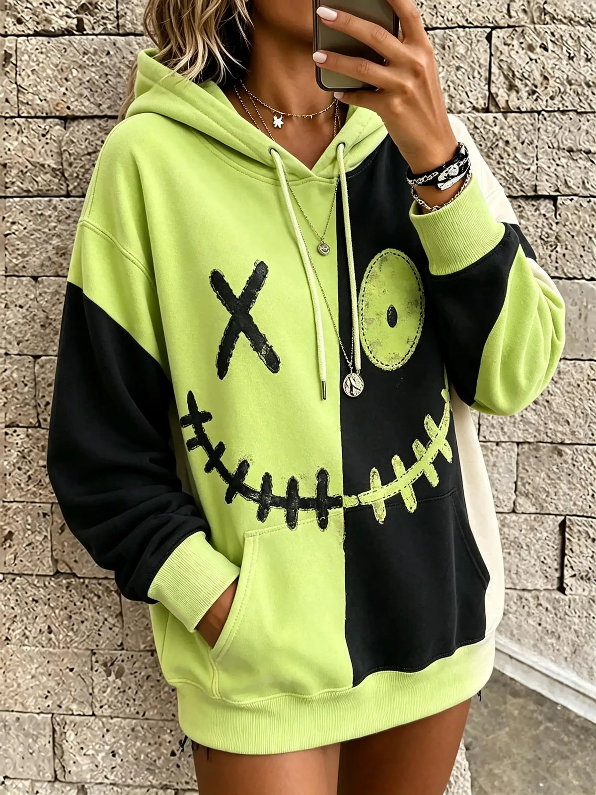 Women Fleece Color Block Hoodie Stitch Smile Face Patchwork Graphic Drawstring Kangaroo Pocket Halloween Sweatshirt