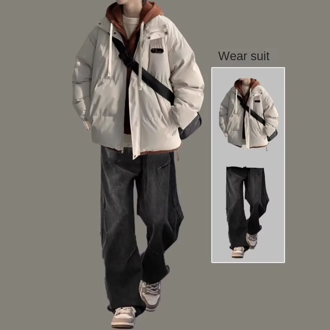 Winter Thick Cotton Jacket Set for Men's Fake Two piece Cotton Jacket, Rascal Handsome Men's Winter Warm Cotton Jacket Two piece