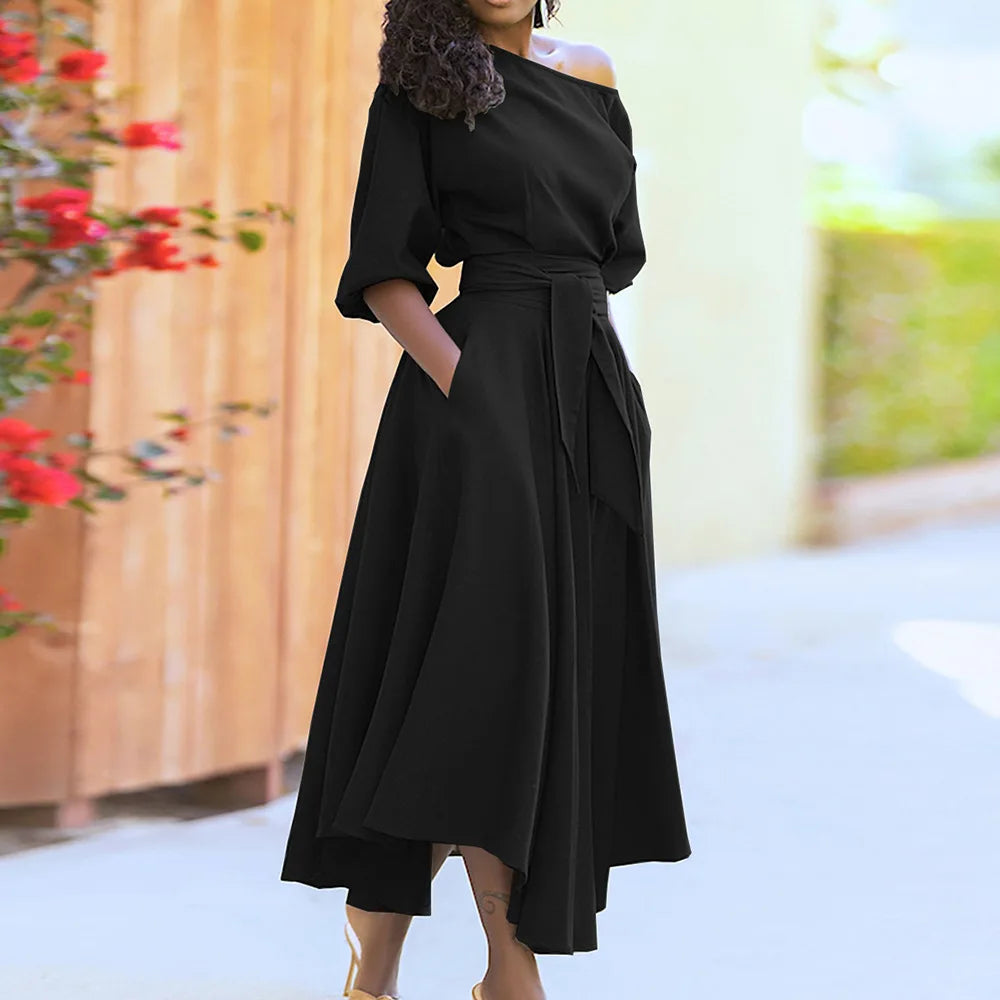 Women Summer Dress Solid Color Lantern Sleeve Belt Off Shoulder Pleated Mid-calf Vestidos Perfect for Casual Summer Days