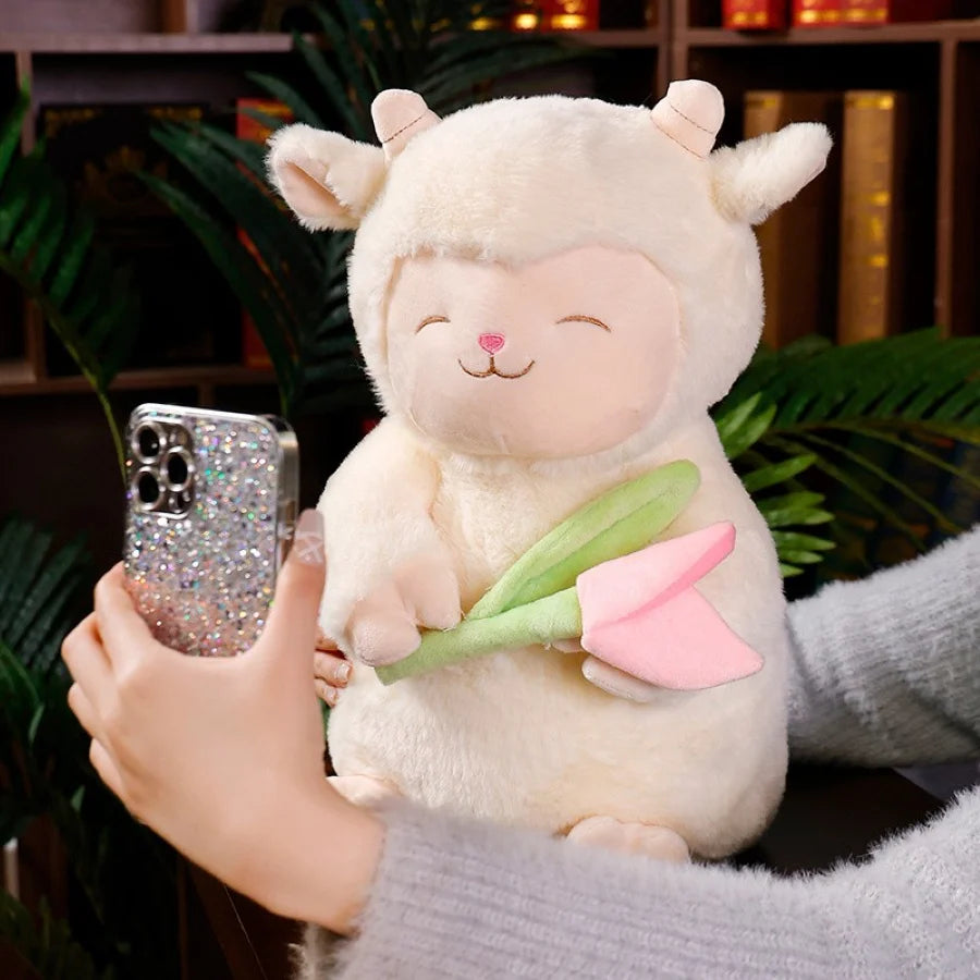 Kawaii Sweet White Sheep Lam Hold Tulip Flower Plush Doll Soft Stuffed Lamb With Tulip Plushie Toy Cute Gift For Kid Birthday