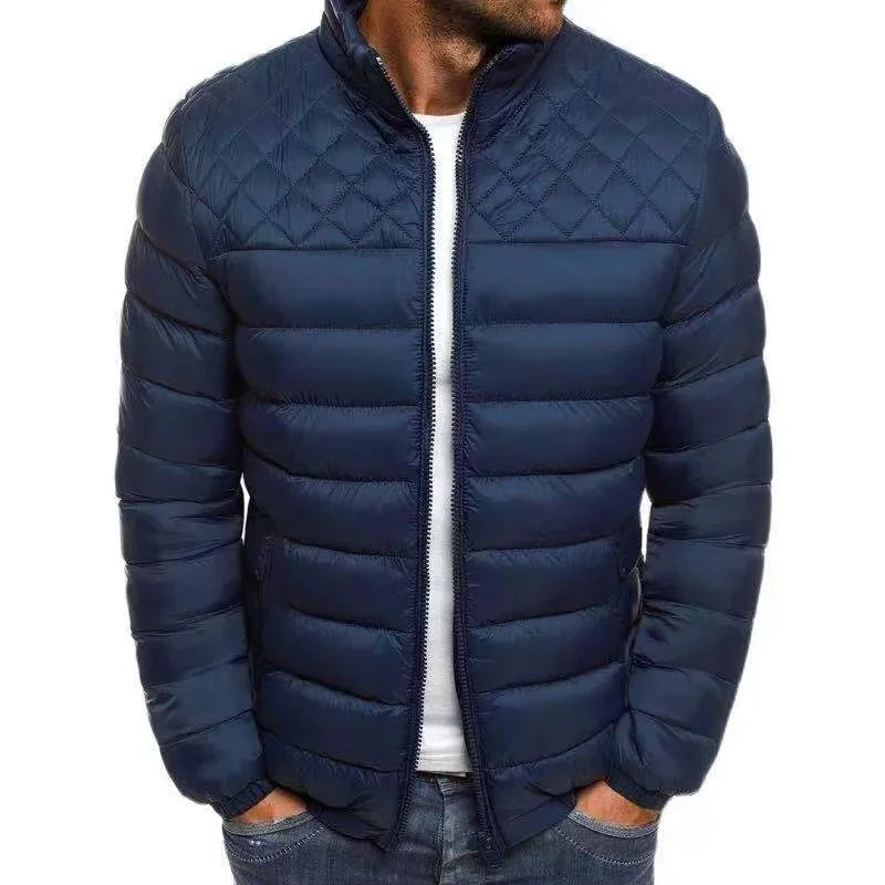 Men's Winter Solid Color Stand Collar Cotton Jacket Coat, Fashion Lightweight Warm Male Cotton-Padded Outwear