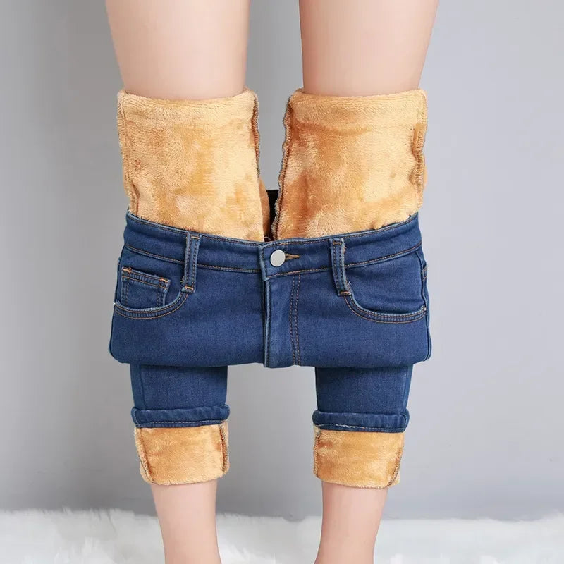 Women Thermal Jeans Winter Snow Warm Thickened Fleece Stretch Skinny Pencil Pants Fashion Korean Slim Fit Velvet Plush Pants