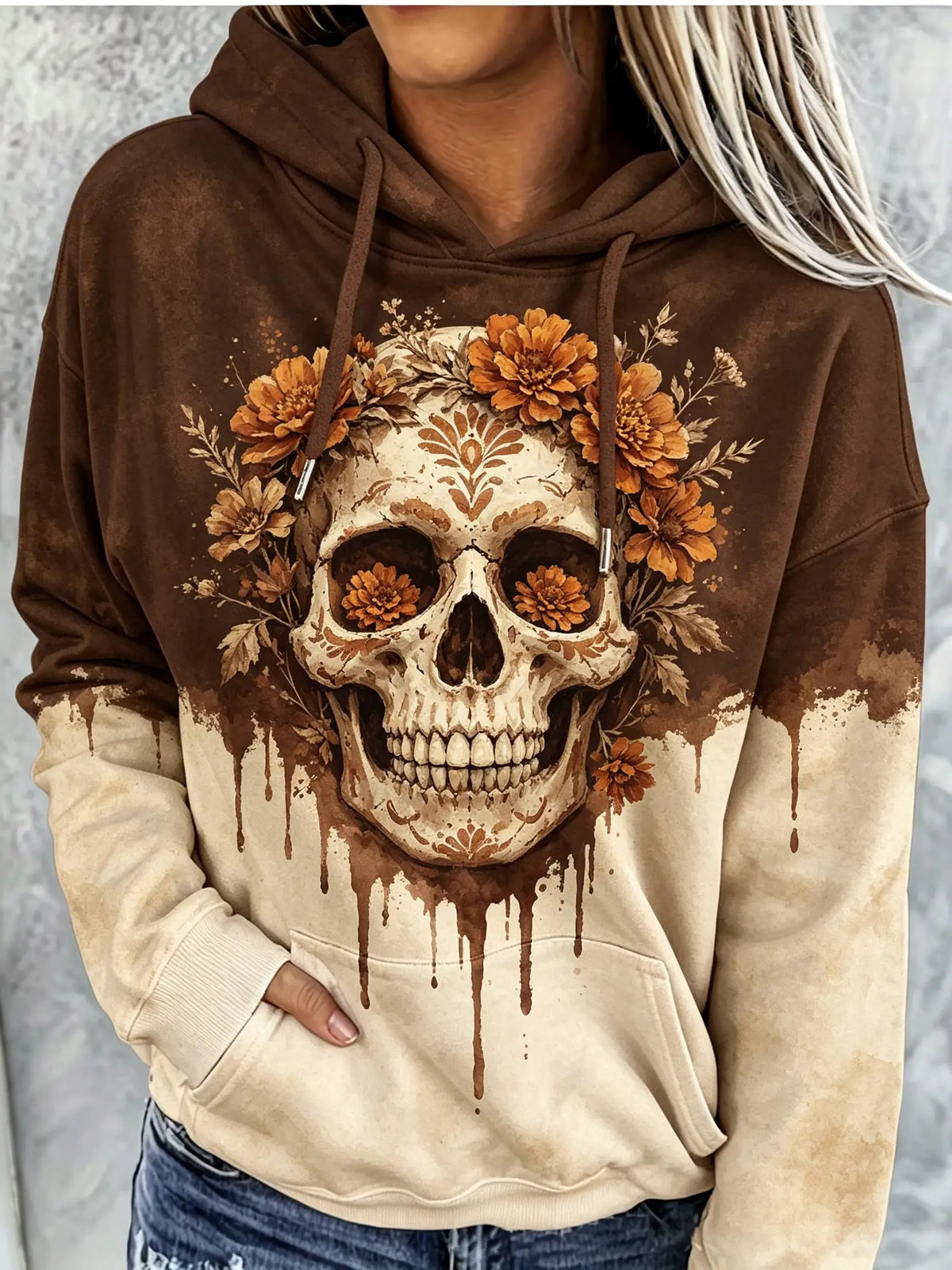 Women Fleece Hoodie Skull Floral Peony Ink Drip Print Long Sleeve Drawstring Pocket Loose Casual Hooded Sweatshirt