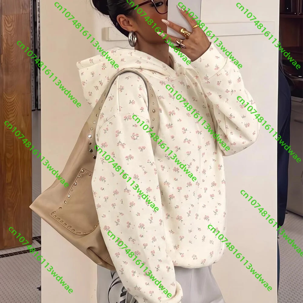Kpop Women's Fashion Street Casual Minimalist Style Ditsy Floral Pattern Hoodies For Autumn Winter Comfortable Casual Sweatshirt