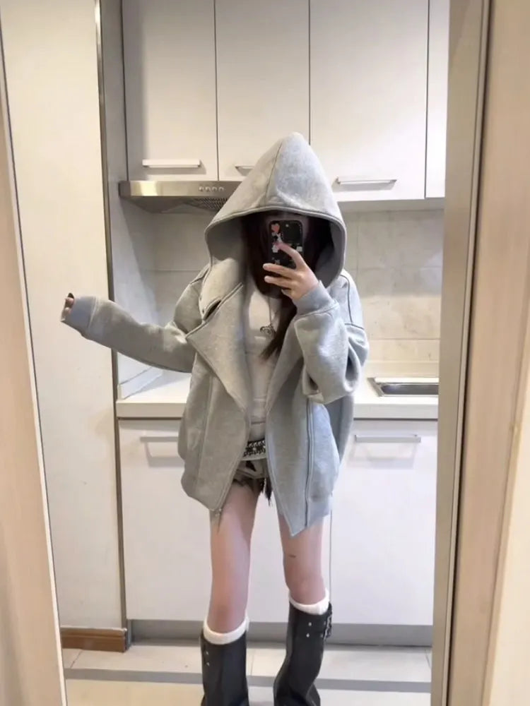American Style Double Zipper Open Cardigan Hoodie Women's Autumn Winter Loose Casual Versatile High-End Feeling Top