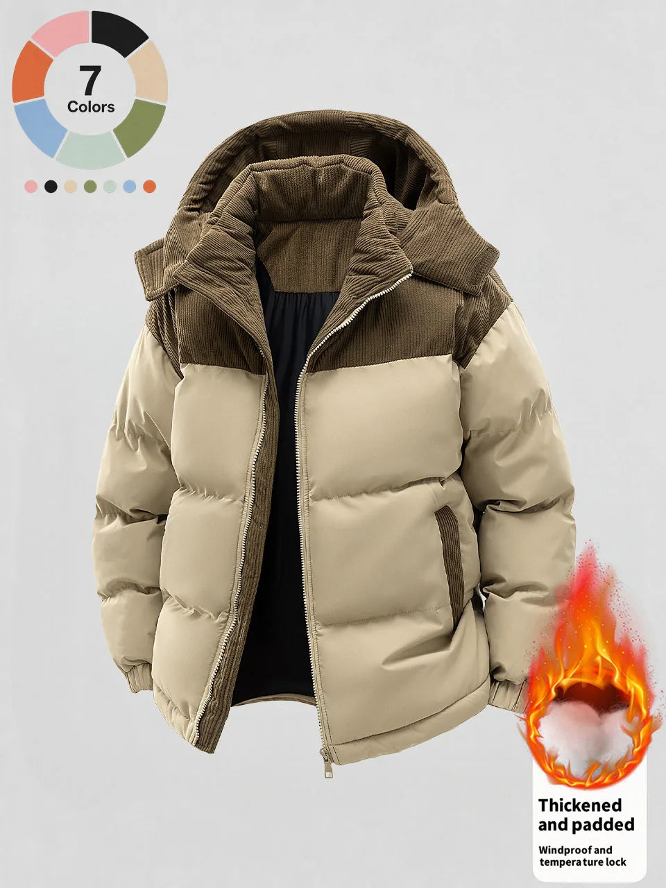 Men's Winter Detachable Hooded Cotton Jacket, Corduroy Color-Blocking Patchwork Cotton Coat, Thick Padded Windproof Loose Outdoor Casual Men's Jacket, Multiple Colors Available