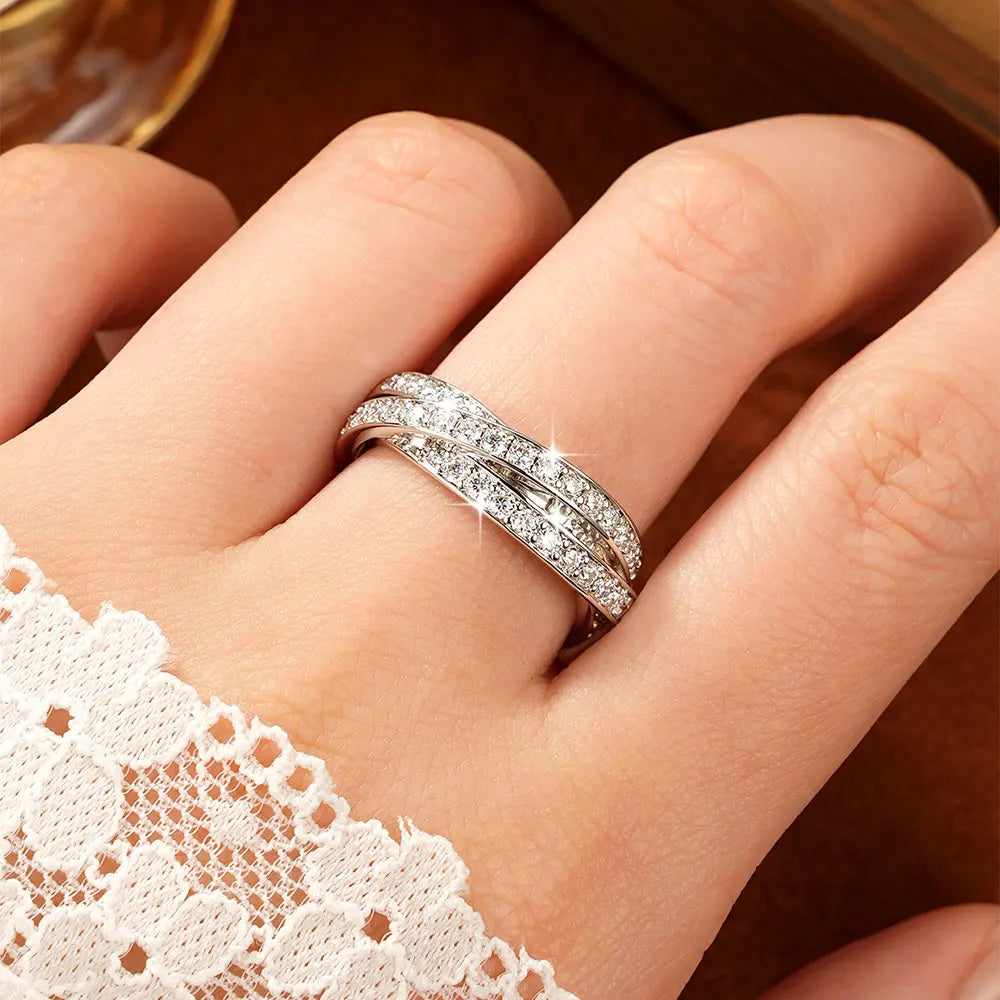 Rings Women Moissanite Abestecom 14K White Gold Plated Women Rings D Color Moissanite Intertwined Three Band Stackable Ring Wedding Eternity Jewelry