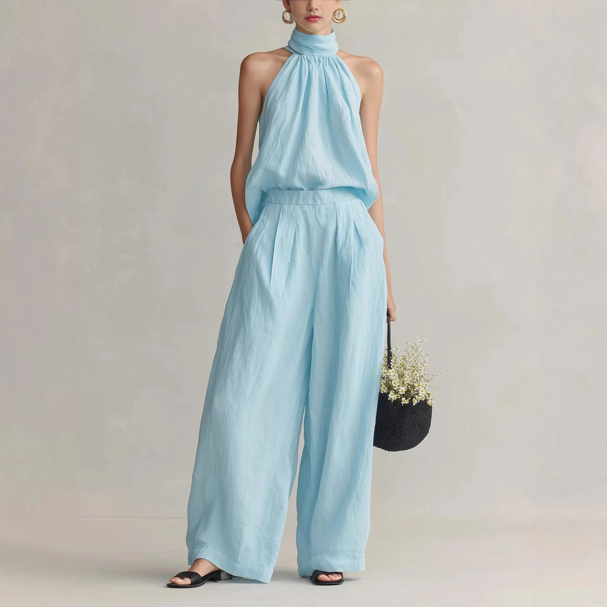 Women's 2026 Summer Style Sleeveless Neck-Hanging Top + High-Waisted Drapey Wide-Leg Pants Leisure Set