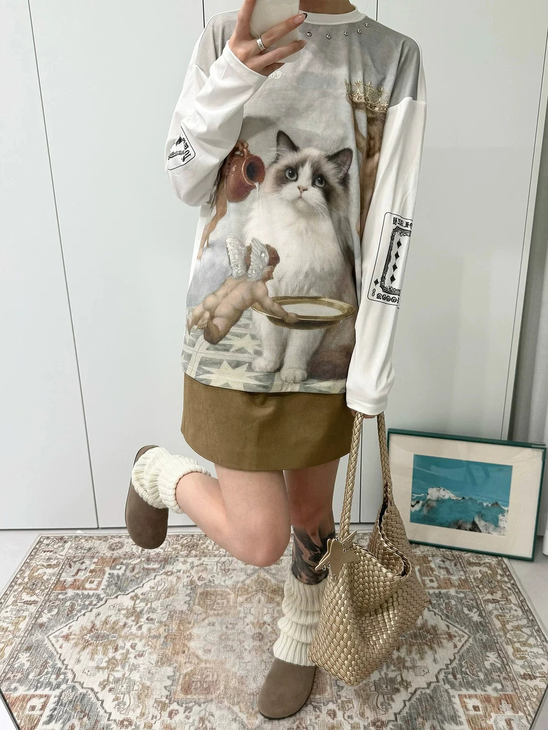 Sweatshirt Retro American round Neck White Sweatshirt Women Early Autumn New Print Loose Long Sleeve T-Shirt Lazy Style Top