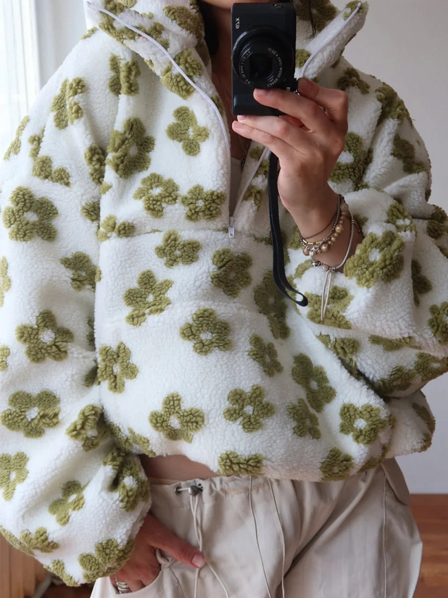 Autumn Winter Floral Print Fleece Sweatshirts Women Fashion Zip Up Lapel Loose Hoodies Warm Fur Drawstring Pullover Jackets