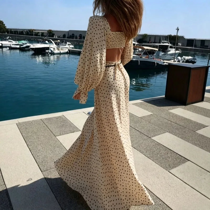 Sexy Polka Dot Tank Dress Women's Set Beach Long Lantern Sleeve Top A-line Flared Skirt Set 2026 Spring Summer Commuter