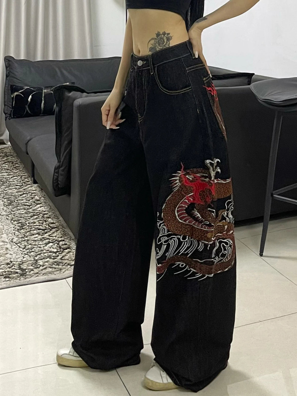 1PC High Street Heavy Industry Dragon Pattern Embroidery Loose Jeans for Women, Retro Fashion Versatile Black Wide Leg Pants