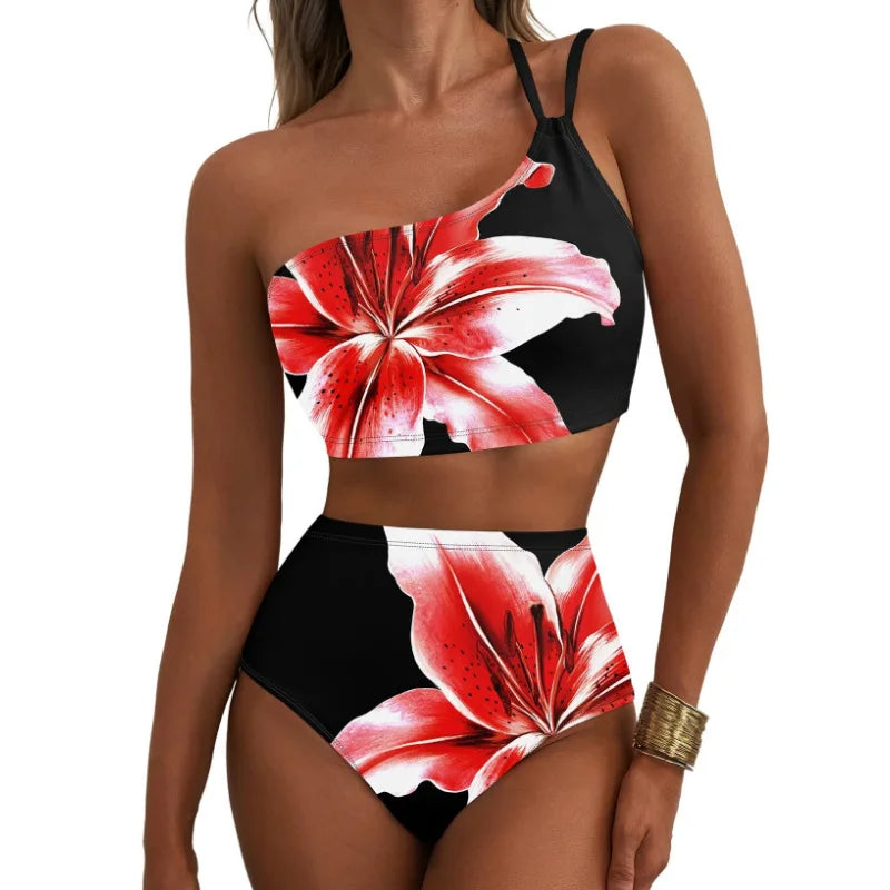 Floral High-Waisted Bikini Set, 2-Piece Printed Tummy Control Swimsuit
