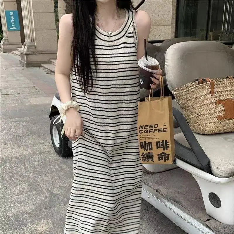 Summer Loose Casual Stripe Strap Dress Women's Knee-Length Beach Vacation Beach Long Skirt Slimming Stripe Knitted Dress