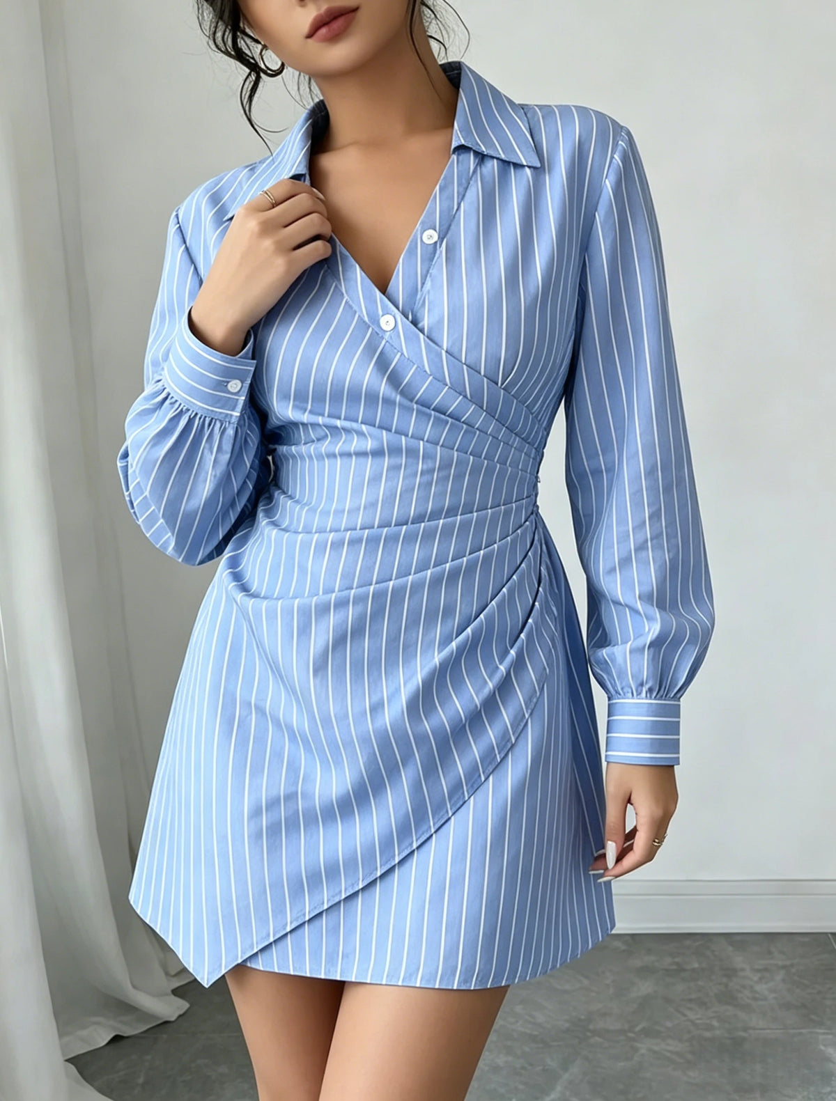 Women Dress Striped Wrap V Neck Ruched Shirt Mini Dress Chic Spring Summer Preppy Dress Office Work Date Tailored Dress