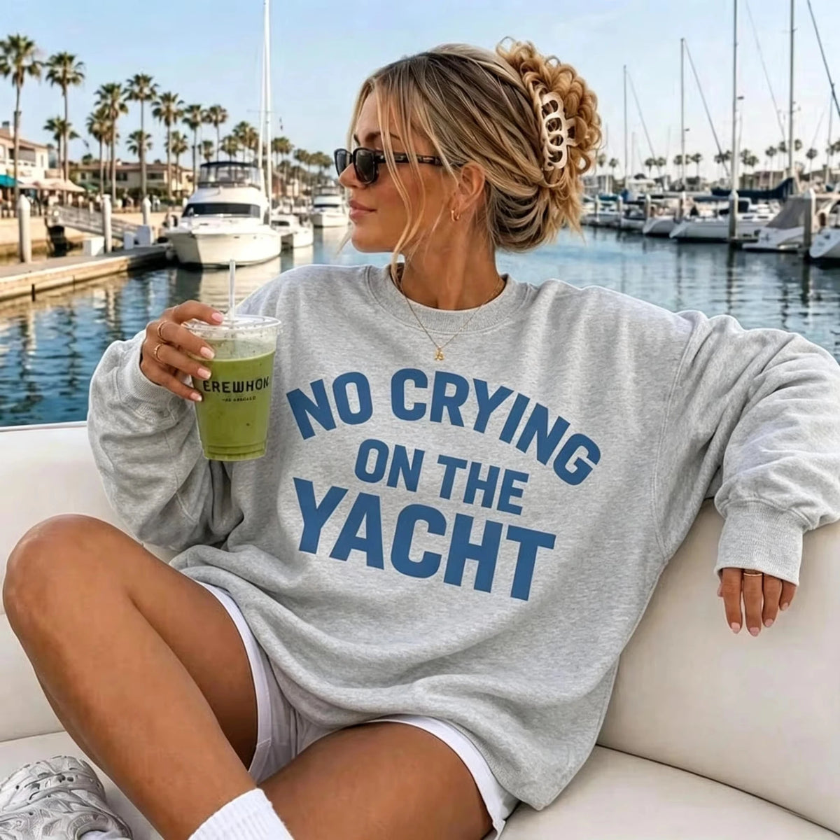 2026 Fashion New Women Crew Neck Pullover Sweatshirt, Oversized Loose Fit Retro Millennium Style, "No Crying On The Yacht" Lake Life Graphic Print, Cute Long Sleeve Tops for Summer Fall Daily Basic Top