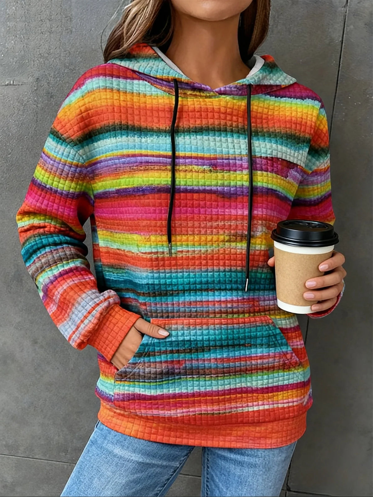 Women's Plus Size Striped Waffle Drawstring Hoodie Casual Long Sleeve Kangaroo Pocket Hooded Sweatshirt For Fall&Winter Clothing