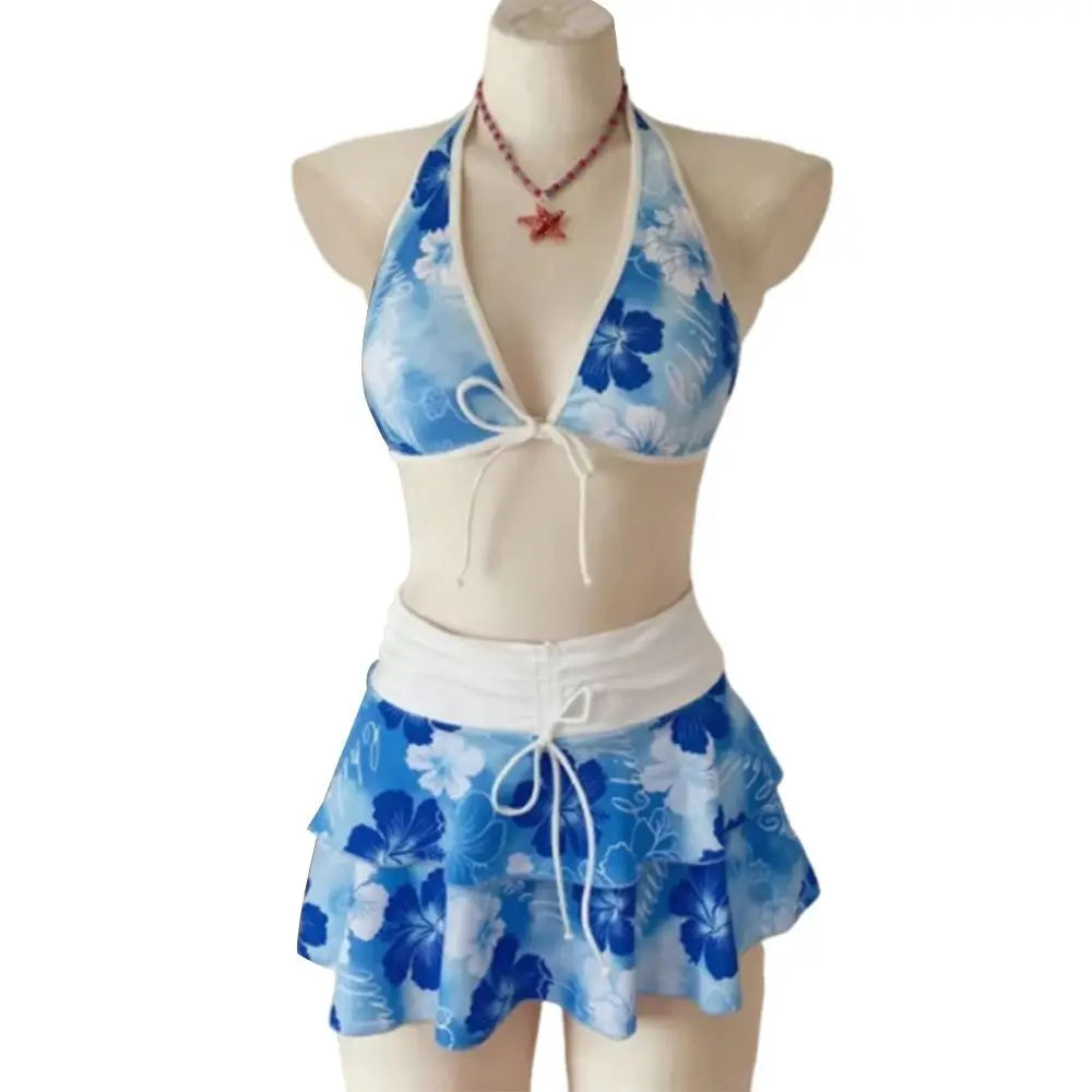3Pcs/Set Fashion Summer Floral Swimsuit Triangle Halter Elegant Bikini Set Cover Up Skirt High-Waist Swimwear Vacation