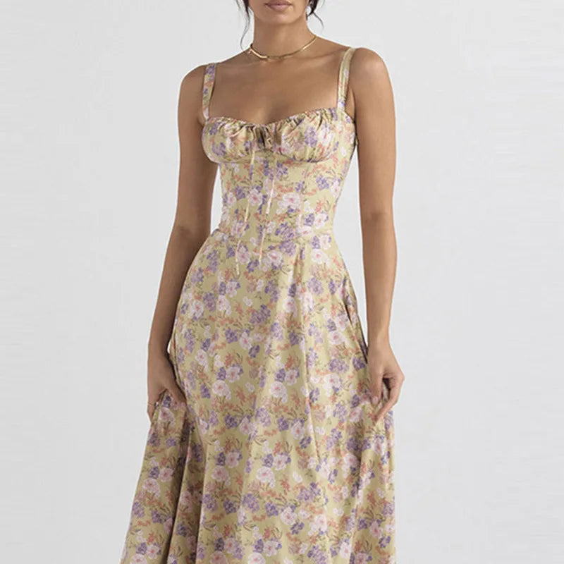 Summer Women Flowers Print Long Dress Adjustable Straps Midi Corset Vacation Beach Dress Flowy Slit Lace Up Going Out Dresses