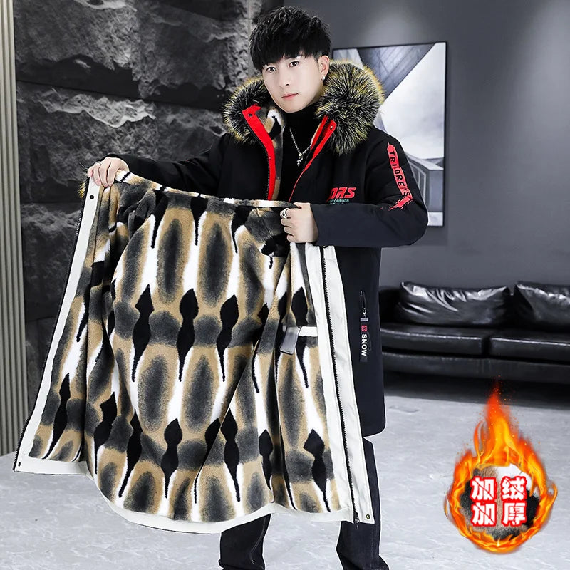 Winter New Men's Parka Hooded Woolen Collar Cotton Coat Thickened Warmth Fashionable Mid length Wool Liner Jacket
