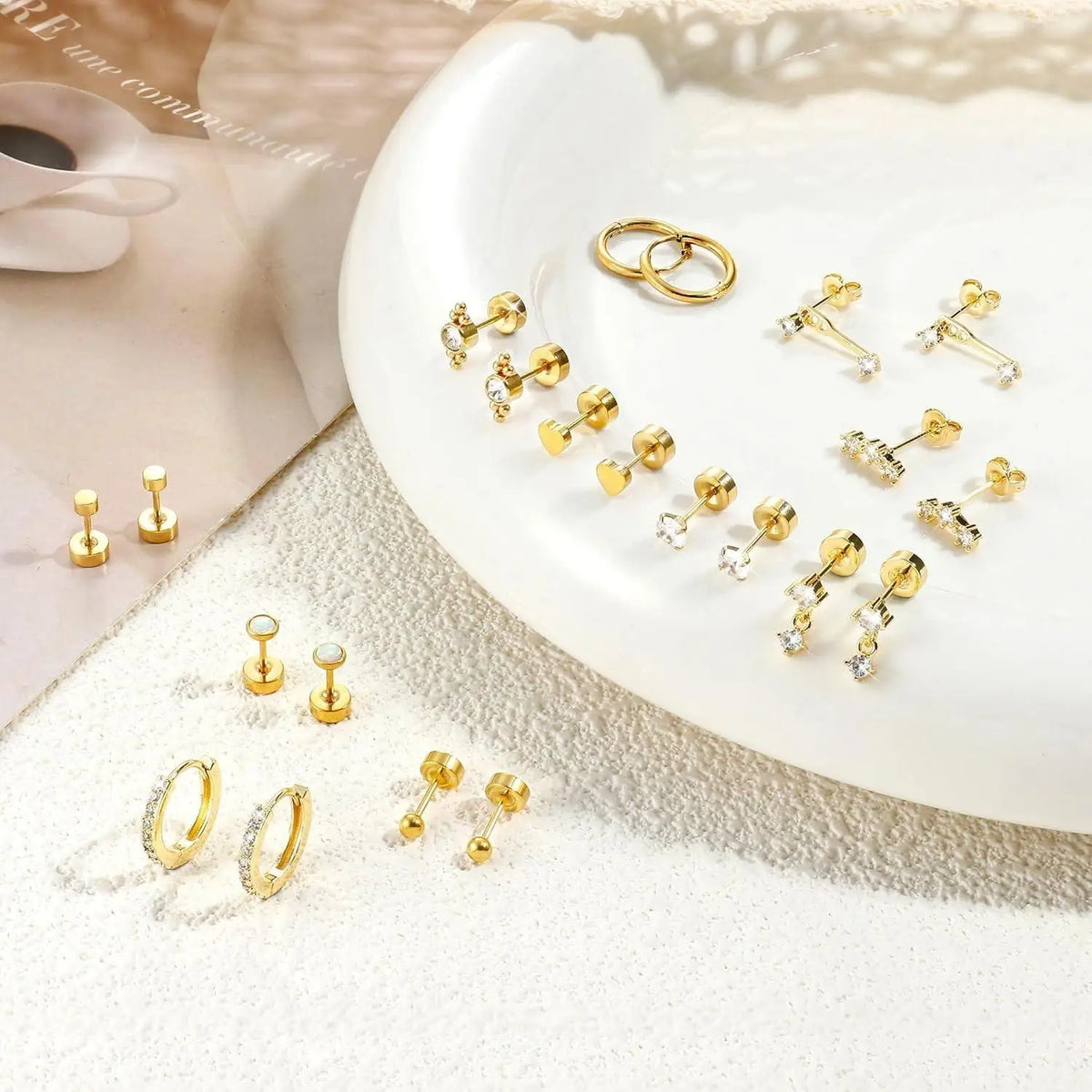 11Pairs Hypoallergenic Flat Back Earrings for Women Trendy 20G Surgical Stainless Steel Earrings 14K Gold Plated Cartilage Earring Stacks Flatback Stud Earring Sets for Multiple Piercing