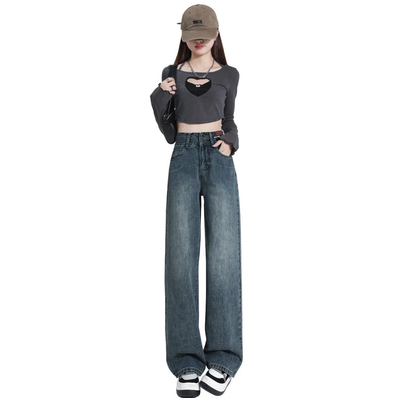 Slim Wide Leg Denim Jeans High Waist Double Bule Straight Cut Pants for Women Bla ey Autumn Arrival Faionable Wea...