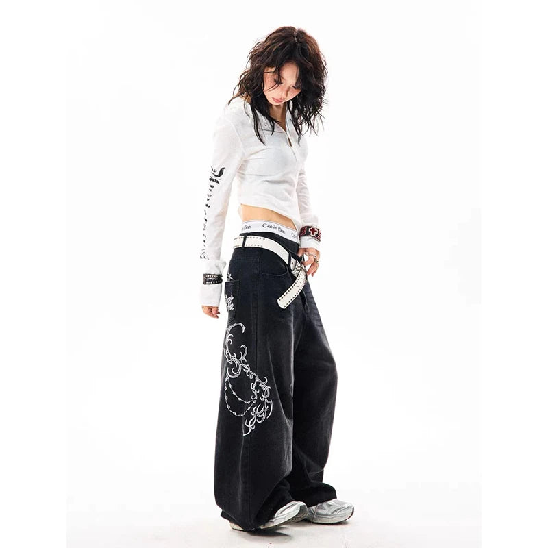 YIBASHU Women Vintage Embroidery Y2K Baggy Jeans Female High Waist 2000s Wide Leg Denim Pants American Retro Harajuku Trouser