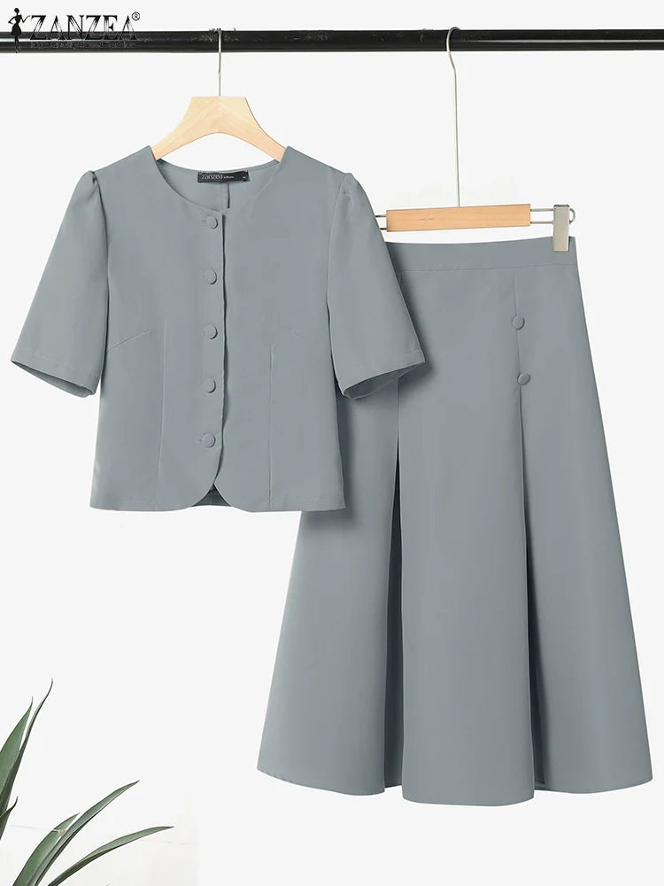 Pleated Skirts Sets Women Short Sleeve Shirts With Skirts Fashion Outfits 2025 ZANZEA Casual Korean Japanese Style Matching Sets
