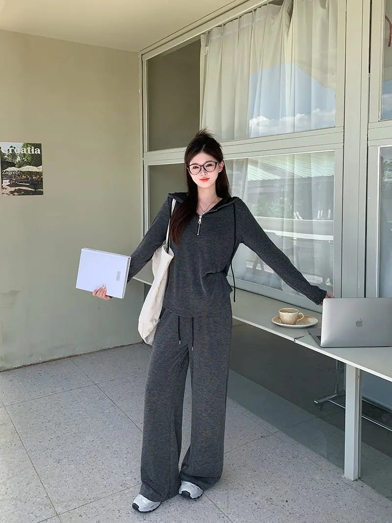 Women's Lazy Style Hooded Sweatshirt Set, Autumn Winter Plus Size Outfit, Casual Slim-fit Korean Wide Leg Pants Two-piece Set