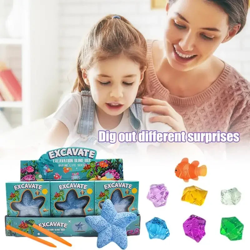 Archaeological Excavation Puzzle Toy Starfish Marine Life Dinosaur Fossil Gemstone Excavation Kit Includes 12 Real Gemstones