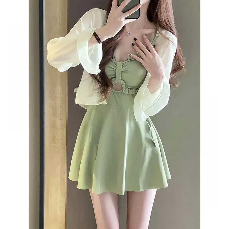 Swimsuit Women's 2025 Summer One-piece Thin Conservative Skirt Avocado Green High-end Sensual Hot Spring Swimsuit