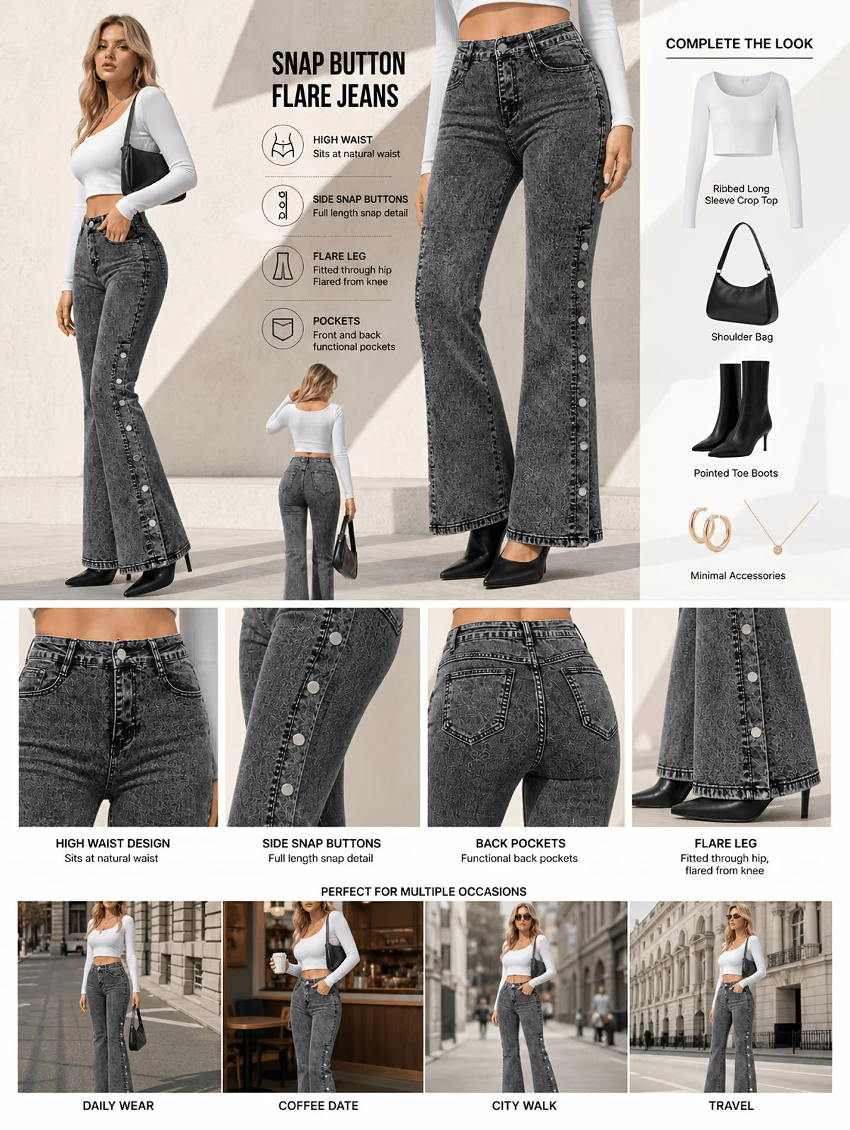 Classic and retro stretch flared jeans for women, with a mid-waist side slit and multi-button design, slimming and lifting the buttocks, elegant and fashionable, versatile, perfect holiday gift, autumn jeans for wo