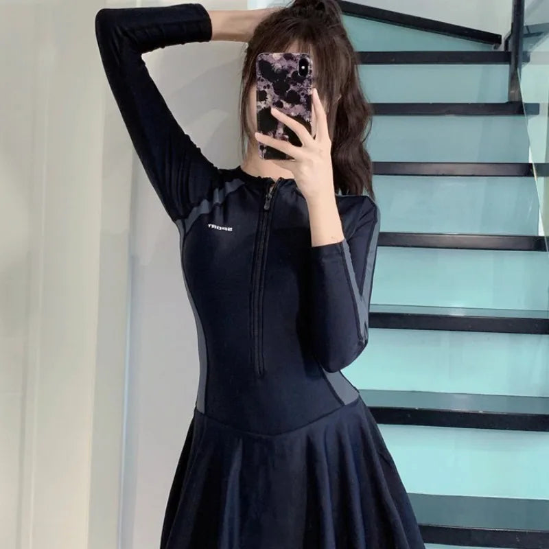 Women's Front Zip Skirted One-Piece Swimsuit Long Sleeve Color Block Rash Guard Tummy Control Bathing Suit for Swimming