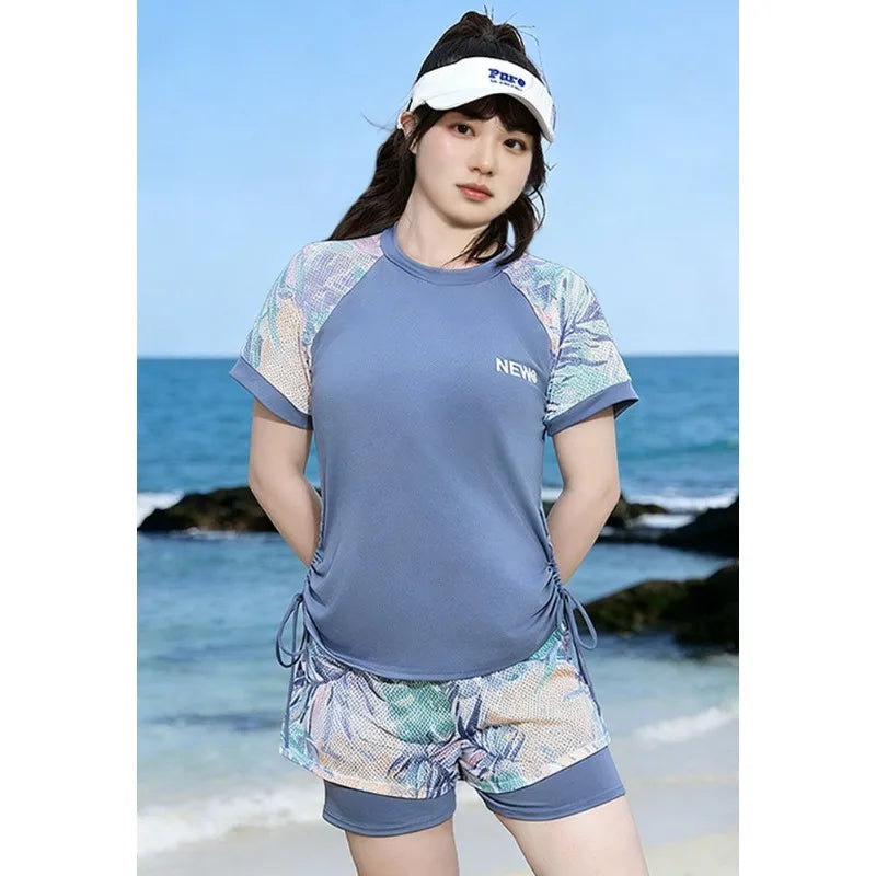 Tankini Set Tropical Print Raglan Short Sleeve Drawstring Side Top With Double Layer Shorts Sporty Beach Bathing Suit Swimwear