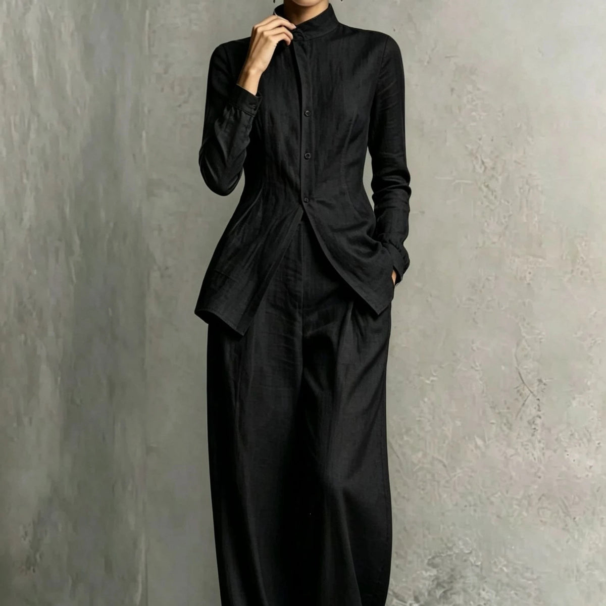 Women Linen 2 Piece Outfit Set Stand Collar Long Sleeve Slim Shirt High Waist Wide Leg Pants Elegant Office Business Suit