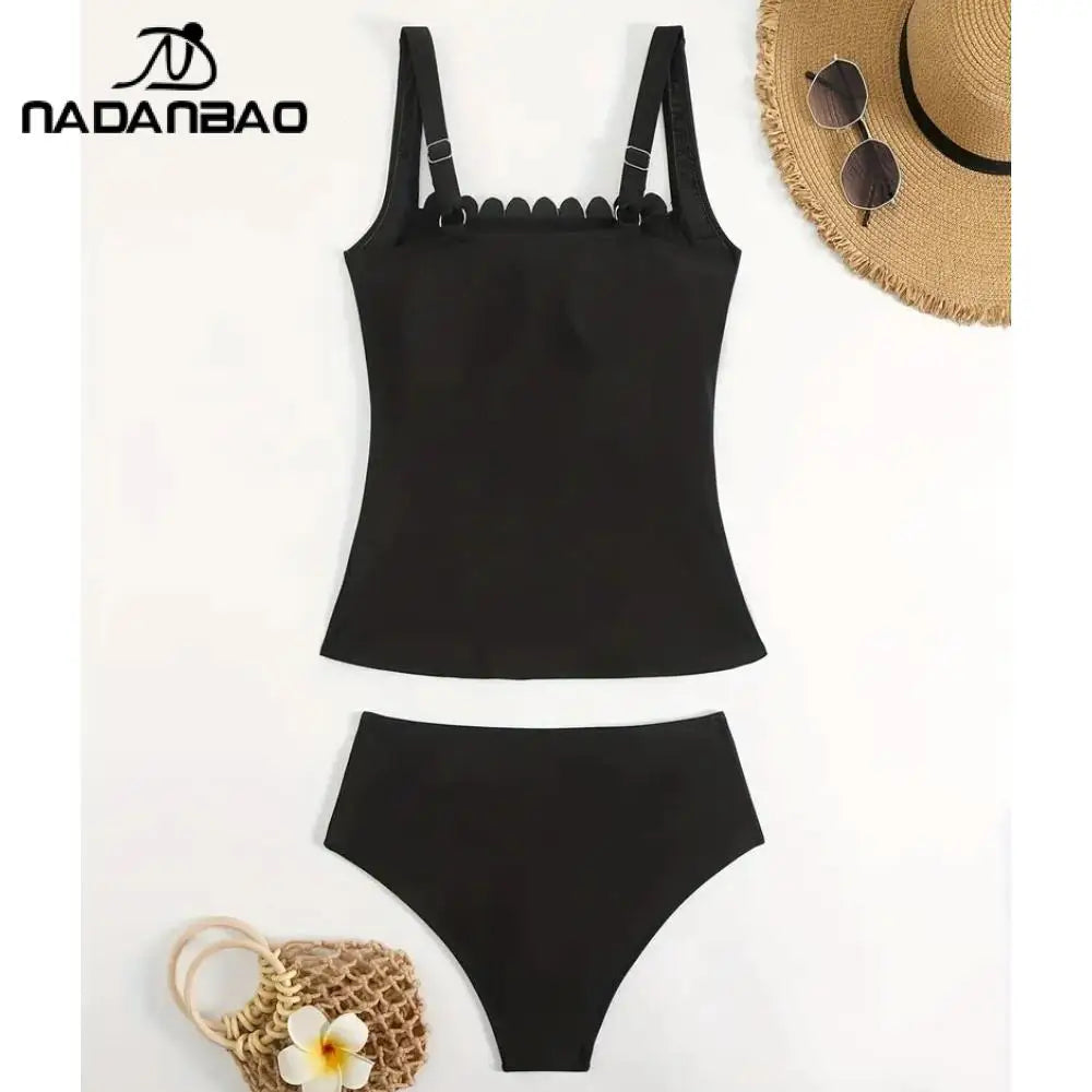 Nadanbao Scalloped Square Neck Bikini Suit Women Ruched Tummy Tankini Set Slim Strap Bathing Suit Black Two-Piece Beach Swimsuit