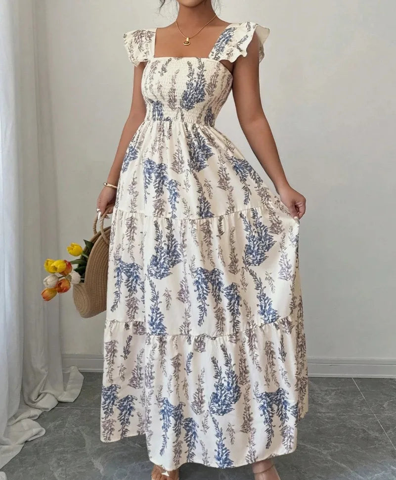 Women's Blue Fern Print Boho Maxi Dress Square Neck Ruffle Sleeve Smocked Sundress for Casual Holiday Vacation Wear