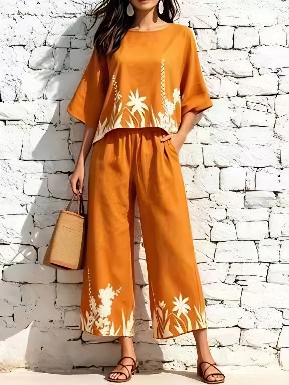 Women Floral Print Two Piece Set 3/4 Sleeve Top Wide Leg Pants Casual Vacation Matching Outfit